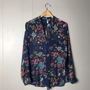 KUT FROM THE KLOTH TEAL BLUE SHEER FLORAL V NECK BUTTON DOWN SHIRT WOMENS MEDIUM